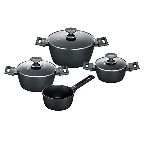 Berndes Alu Induction Batteria 7 Pezzi: Casseruola 16+20+24 cm, Pentolino 16 cm, Coperchi in Vetro 16+20+24 cm Nero