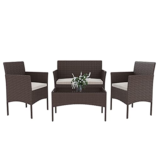 Arreditaly Set Di Mobili da Giardino Salotto Salottino in Rattan 4 Posti con Tavolino E Ripiano In Vetro 2 Poltrone e Divano 2 Posti Per Giardino Esterno Piscina Cuscini Sfoderabili (Brown)