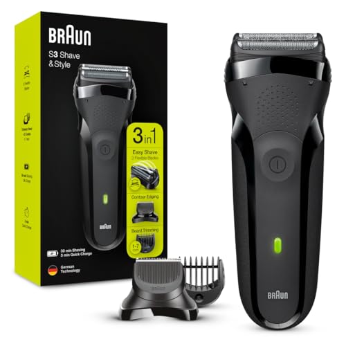 Braun Series 3 RASOIO ELETTRICO BARBA Shave&Style 300BT 3-In-1, REGOLABARBA di Precisione, 5 Pettini, Ricaricabile, senza Fili, Nero