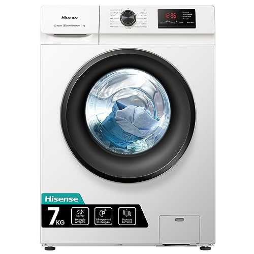 Hisense WFVB7012EM - Lavatrice a Carica Frontale 7 Kg, 1200 rpm, 15 Programmi, Vapore, Display LED, Programma Rrapido, Partenza Ritardata, Child Lock
