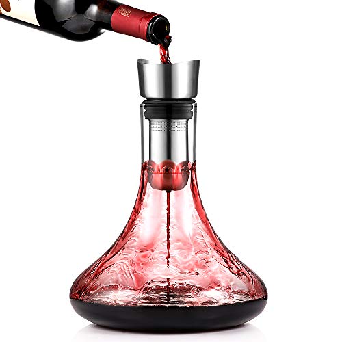 glastal Decanter per Vino Rosso Senza Piombo, Decanter Vino in Cristallo con Aeratore e Filtrare, Aeratore/Decantatore per Vino Rosso 100% Cristallo, Versando Non gocciolante 1800 ml / 63,3 Once