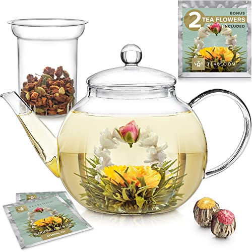 Teabloom Set Teiera in Vetro con Infusore - Capacità 4-5 Tazze - Perfetta per Tè Sfuso o Fiori di Tè - 2 Fiori di Tè Inclusi (Teiera 1200 ml)