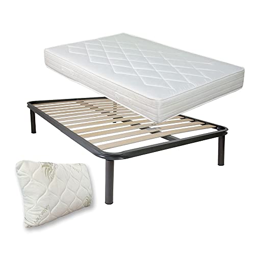 Comprarredo Kit rete e materasso una piazza e mezza 120x190 NORVEGIA più cuscino in regalo, rete una piazza e mezza doghe flessibili 120x190 ortopedica con materasso in schiuma alto 19cm, Bianco