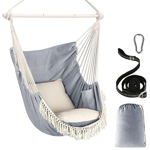 Chihee Sedie sospese Sedia amaca Massimo 227KG 2 cuscini inclusi Barra di diffusione in acciaio con scanalature antiscivolo Sedia sospesa portatile Tasca laterale Grande sedia bohémien in macramè