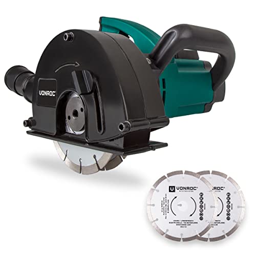 VONROC Scanalatore per tracce muro 1700W, 150mm. Include 4 dischi diamantati e sacca portautensili. Larghezza di taglio regolabile 14/19/29 mm. Con connettore aspirapolvere