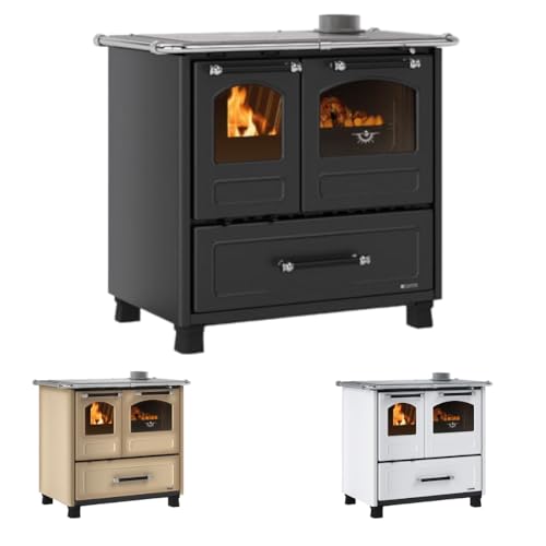 Nordica FAMILY 4,5 Dx Rivestimento esterno in acciaio porcellanato. Porta fuoco panoramica con doppio vetro. Forno smaltato da 41 litri con porta a doppio vetro. Telaio in ghisa vetrificata. Centrino