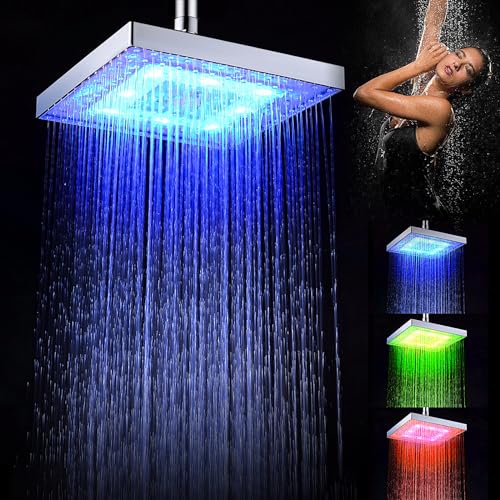 Atopskins Soffione doccia a LED – Soffione a pioggia quadrata da 8 pollici per il bagno con luci LED che cambiano colore – dipendente dalla temperatura