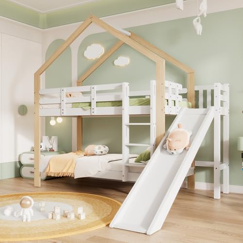 Gelukueub Letto a castello con scivolo e scala angolare a tre livelli, letto con protezione anticaduta, letto per bambini, telaio in legno massello bianco+naturale, 90 x 200 cm (senza cassetto)