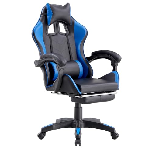 Brigros - Sedia da Gaming Racing Ergonomica Reclinabile con Braccioli, Poltrona Ufficio Girevole con Rotelle, Poggiapiedi, Poggiatesta e Cuscino Lombare in Similpelle, Portata: 125kg (Blu)