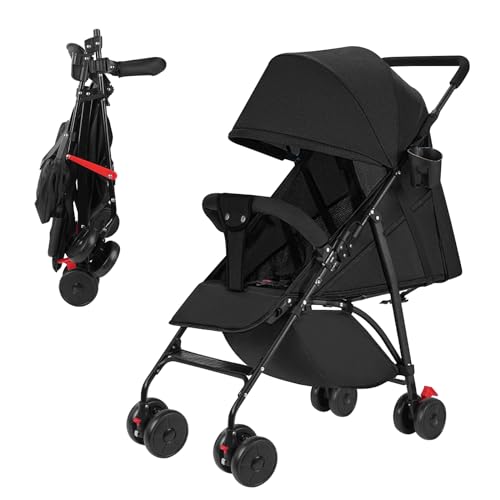 Passeggino per bambini passeggino per bambini con funzione reclinabile, poggiapiedi, reti traspiranti e tendine, schienale con cuscino rigido, ruota posteriore con freno a pedale (Nero)