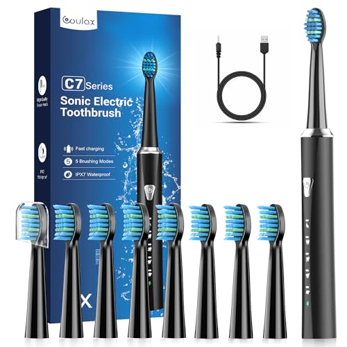 Spazzolini da Denti Elettrici Sonici con 8 Testine – Spazzolino da Denti Elettrico per Adulti e Bambini, 5 Modalità, IPX7, Una Ricarica per 120 Giorni di Utilizzo, Spazzolino da Denti Nero Opaco