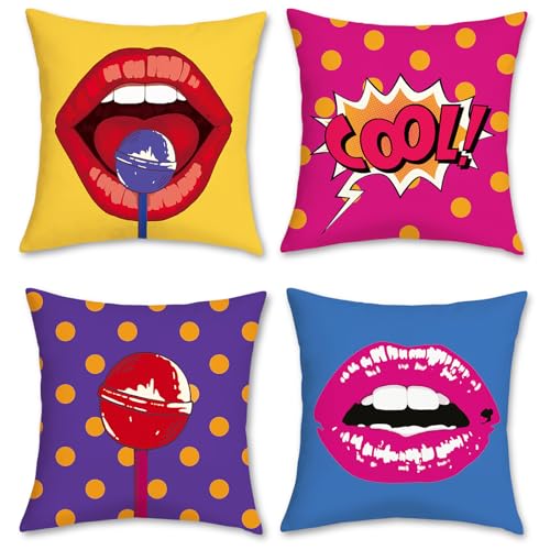 Bonhause 4 Pack Federa per Cuscini Pop Art 45 x 45 cm Labbra Pois Velluto Morbido Copricuscini Funky Moderno Decorativi per Divano Letto Auto