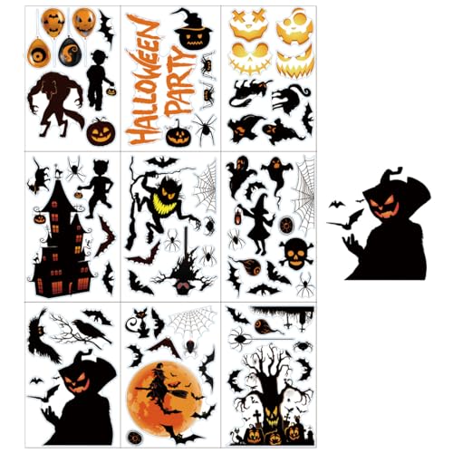 Adesivi per Finestre Halloween, 9 Fogli Decorazioni Halloween per Finestre, Vetrofanie Halloween Fronte-Retro, Halloween Decorazioni Horror per Feste, Pipistrello Ragno Scheletro Zucca Stregata