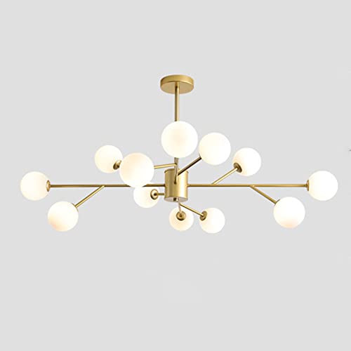 KRIPINC Lampadario Sputnik 12 Luci, Lampada da Soffitto Sputnik, Lampadario a Sospensione Oro, Lampada a Sospensione con Paralume Sfera in Vetro Bianco, Lampadario Industrial per Sala da Pranzo Cucina