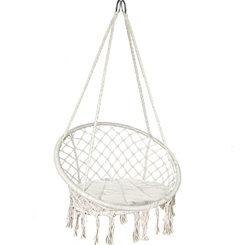 VOUNOT Poltrona Sospesa da Giardino, Sedia Amaca Altalena Macrame con Cuscino Rotondo, Ø80cm Capacità 120 kg, per Interni Esterno Giardino, Beige