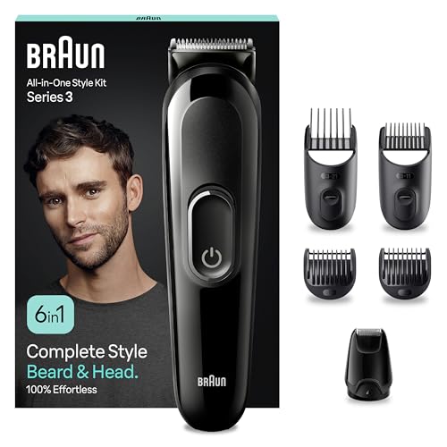 Braun Rasoio Elettrico Barba e Capelli, REGOLABARBA UOMO E Tagliacapelli Uomo, 6-In-1 Styling Kit Adatto Per barba, Capelli, 50 Minuti Di Utilizzo Senza Fili, Idea Regalo, MGK3420, Nero