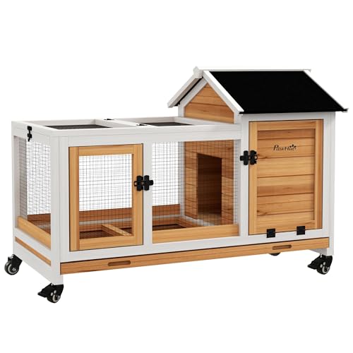 PawHut conigliera nana in legno, 108 x 58 x 73,5 cm Conigliera per piccoli animali con recinto per animali liberi, ruote, tetto incernierato, gabbia per conigli nani con vassoio estraibile per