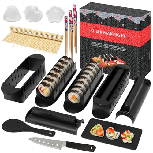 HI NINGER Sushi Maker Kit Completo, 20 Pezzi Set per adatto ai principianti da preparare da soli, con stampo per polpette di riso, coltello, tappetino, bacchette, bset completo Piatti da sushi(Nero)