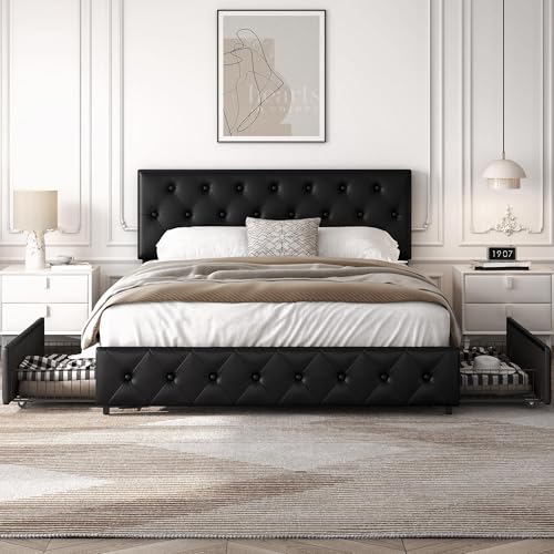 Yaheetech Letto Imbottito Matrimoniale 160 x 200 cm con 2 Cassetti Letto Contenitore con Supporti a Doghe in Legno Testiera Regolabile in Altezza con Rivetti a Punto di Tensione Nero