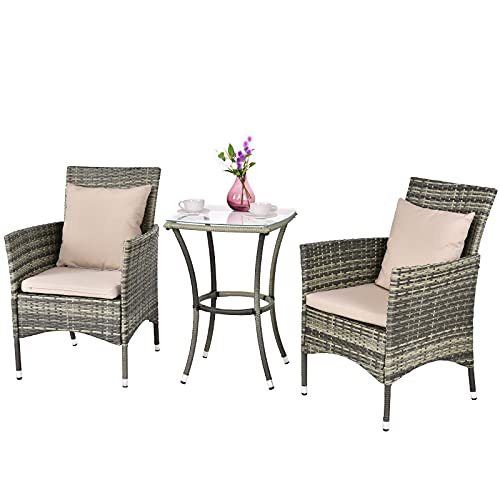 GIANTEX Set Mobili da Giardino in Rattan 3 Pezzi, Salottino da Giardino con 2 Poltrone e 1 Tavolino da Caffè in Vetro, Cuscini Inclusi, Resistente alle Intemperie