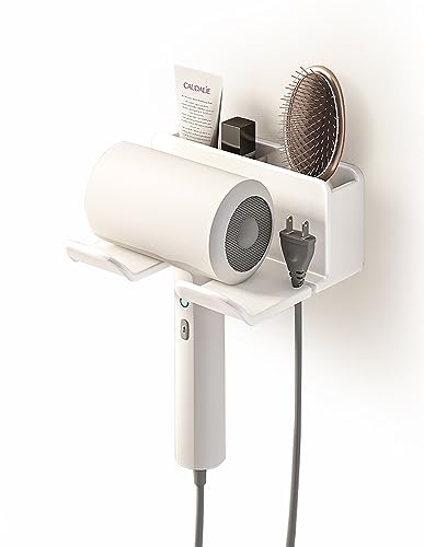MidingChai Porta Phone Bagno da Muro Adesivo, Porta Asciugacapelli, Supporto per Asciugacapelli per Bagno 2 Scomparti e Portacavi (16*6.5*12.6CM)