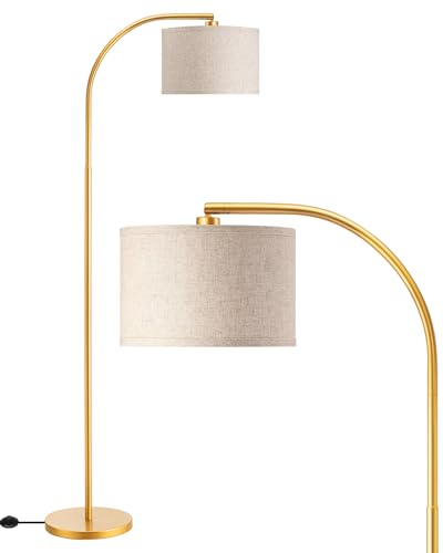 EDISHINE Lampada da terra per soggiorno, lampada ad arco con paralume in lino beige, lampada da terra dorata da 161 cm con paralume regolabile, attacco E27 (Lampadina fornita)