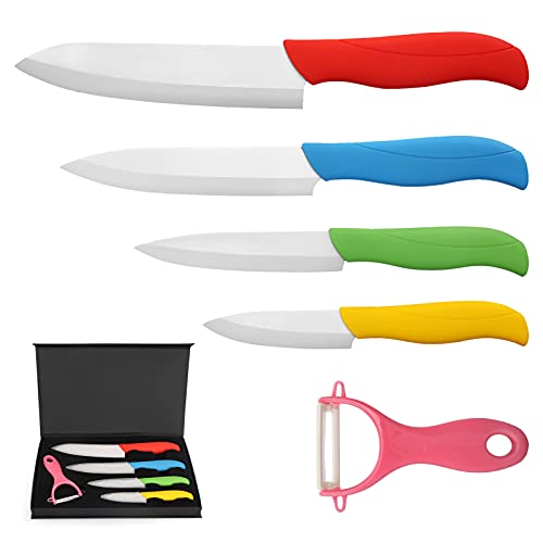 BelleStyle Set Coltelli, Coltelli da Cucina in Ceramica, Professionale Set di Coltelli da Cuoco, Multicolore 4 Coltelli Ceramica e 1 Pelapatate per Tagliare Frutta Verdura Carne - Affilato e Leggero