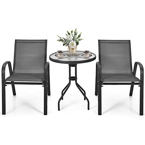 GIANTEX Set di 2 Sedie da Giardino con Tavolo in Vetro, Schienale Alto e Sedili Larghi, Telaio in Tubolare d'Acciaio Verniciato a Polvere, Tessuto Traspirante, Set di Sedie da Giardino per Balcone
