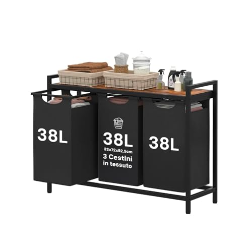 AVILIA Cesto Portabiancheria 3 Scomparti - Ripiano in MDF, Sacchi Estraibili, Telaio in Acciaio - Mobile Bagno per Organizzazione Biancheria - Ideale per Bagno e Lavanderia