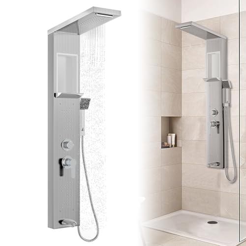 Froadp Pannello doccia a pioggia in acciaio inox, sistema doccia a 5 funzioni, montaggio a parete, set doccia con doccetta, doccia a pioggia, doccia a cascata, colonna doccia, set completo (argento)