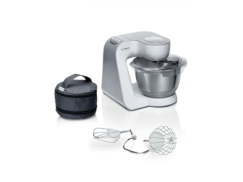 Bosch Robot da cucina serie 4 MUM58200, gancio per impastare, frusta e frusta in acciaio inox, tasca per accessori, ciotola in acciaio inox, sistema di miscelazione 3D, bianco/argento