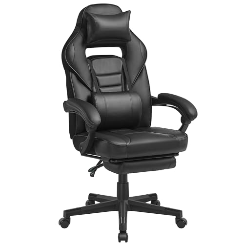SONGMICS Sedia da Ufficio, Poltrona Racing Ergonomica, Poggiapiedi Telescopico, Schienale Inclinabile, Poggiatesta e Supporto Lombare, Portante di 150 kg, Nero Inchiostro OBG073B05
