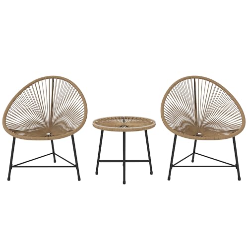 Outsunny Set da Giardino 3 Pezzi in Rattan PE e Acciaio, Set 2 Sedie e Tavolino da Caffè a Cilindro con Piano in Vetro, Set di Mobili da Balcone, per Patio e Cortile, Color Legno