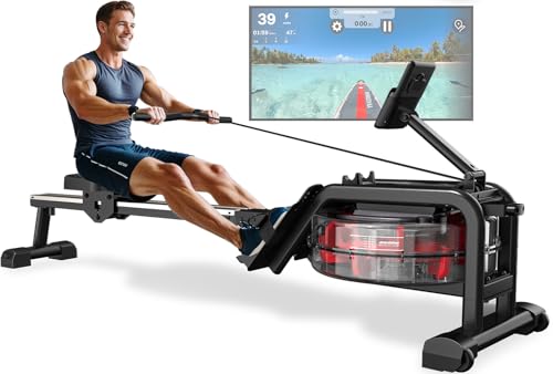 VOWVIT Vogatore Professionale per Casa con Monitor Bluetooth & Porta Tablet, Vogatore ad Acqua Compatibile con App Kinomap, Facile da Montare, Altezza Massima utente 210 cm