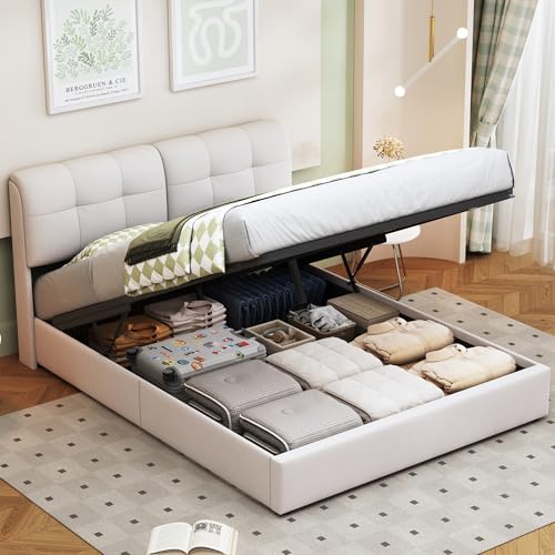 Letto baule 160 x 200 con LED,Letto imbottito a led idraulico con cassapanca letto matrimoniale con testiera e rete a doghe letto matrimoniale con contenitore (bianco rotto+flanella, 160 x 200)
