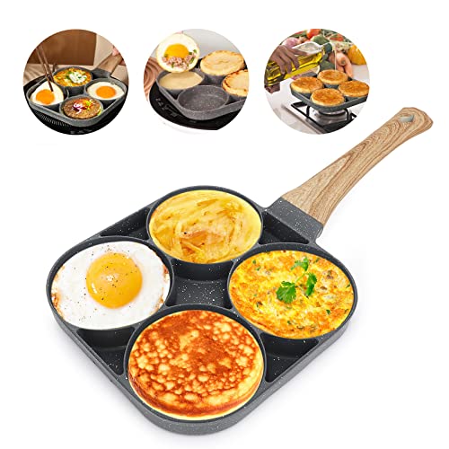 LOMUG Padella Pancake, Padella per Uovo Fritto,4 Fori Padella Pancake e Frittata Alluminio Pancake Piastra per Crepes Hamburger Uova Fritte,Colazione Padella per Pancake per Fornello a Gas e Induzione