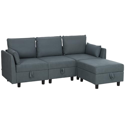 HOMCOM Divano Modulare Componibile con Pouf e Contenitori, Divano 3 Posti Angolare a L con Cuscini e Rivestimento in Flanella per Soggiorno, 213x156x88 cm, Grigio Scuro