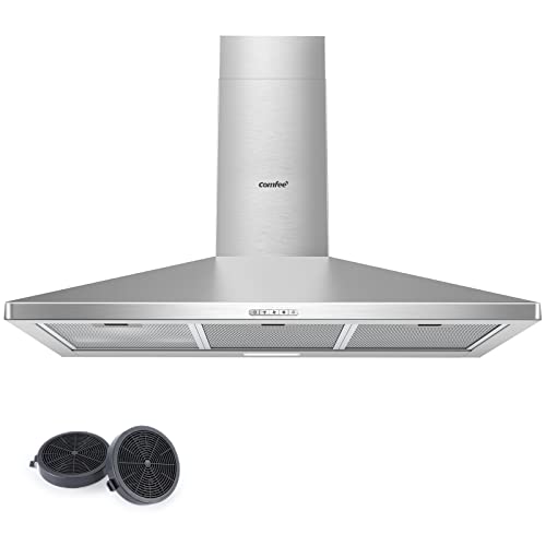 COMFEE' Cappa Aspirante 90 cm PYRA17SS-90 Acciaio Inossidabile Cappa Cucina con LED, Sistema di Ricircolo e Canalizzazione e Filtri a Carbone