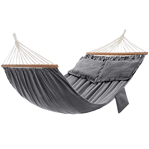 SONGMICS Amaca, Letto Dondolo da Esterno con 2 Cuscini, Barre di Legno, Capacità di Carico 300 kg, 210 x 150 cm, Grigio GDC022G01