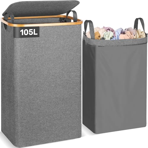 OUSFOT Cesto Portabiancheria Sporca per Bagno Grigio 105L Cesta Portabiancheria in Bambù con Coperchio Porta Biancheria Sporca con Manici Cesto Panni Sporchi