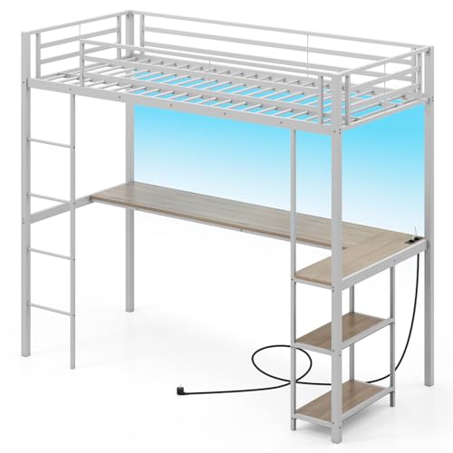 LIFEZEAL Struttura Letto a Soppalco con Scrivania, Luci, Multipresa, Barriere di Sicurezza, 90x200cm, Letto a Castello in Metallo, Rete a Doghe, Remoto Controllo, Illuminazione, Cameretta, Argento