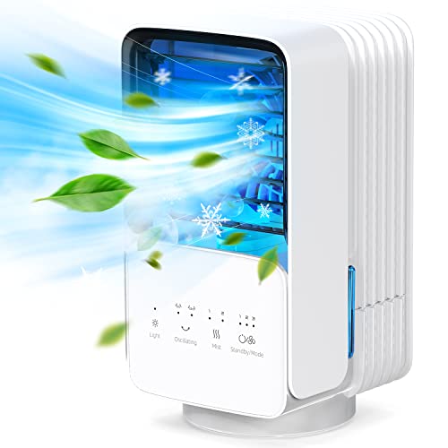 OMISOON Condizionatore Portatile, Raffreddatore d'aria 4 in 1, 120° Oscillazione, 700 ml Mini Condizionatore Portatile, 3 Velocità, 2 Modalità di Nebbia, 7 Luci Colorate, Adatto per da Casa, Ufficio