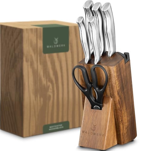 WALDWERK Blocco Coltelli - Set coltelli da cucina 7 pezzi con blocco porta coltelli e affilacoltelli integrato - ceppo coltelli da cucina - set coltelli da cucina professionali