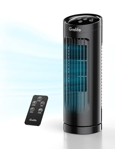 Grelife Ventilatore torre con telecomando, oscillante a 85°, silenzioso, con 3 velocità di vento e modalità, adatto per ufficio, camera da letto, soggiorno