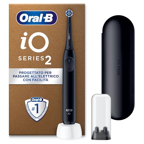 Oral-B iO 2 Spazzolino Elettrico Oral B, Nero, 1 Testina Di Ricambio, 1 Spazzolino, Custodia Da Viaggio, Supporto per Testine, Delicato sulle Gengive, Efficace sulla placca, Sensore di Pressione