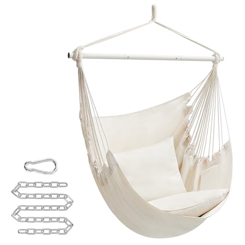 SONGMICS Sedia Amaca, Grande Sedia Sospesa con 2 Cuscini, Sedia a Dondolo con Catena, Capacità 150 kg, per Interni, Esterni, Soggiorno, Camera da Letto, Bianco Crema GDC197M01