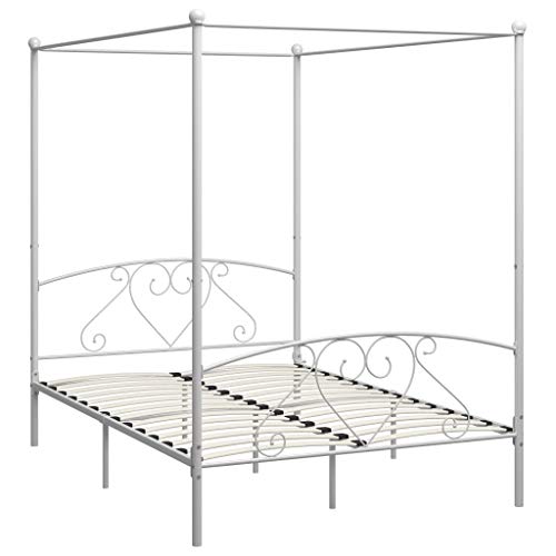 Tidyard Struttura Letto,Giroletto,Telaio Letto,Matrimoniale,con Baldacchino,con Doghe,in Metallo,Bianco,160x200 cm,Letto Matrimoniale Moderno,Letto con Doghe Legno,Letto in Metallo