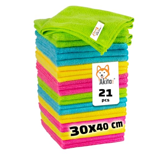 AKITAInk Panno in microfibra - 21 Panni in microfibra per la Pulizia 30 x 40 cm Multicolore, Riutilizzabile, Lavabile per Casa, Cucina, Auto, Vetri, Strofinacci senza Pelucchi e senza Strisce (21)