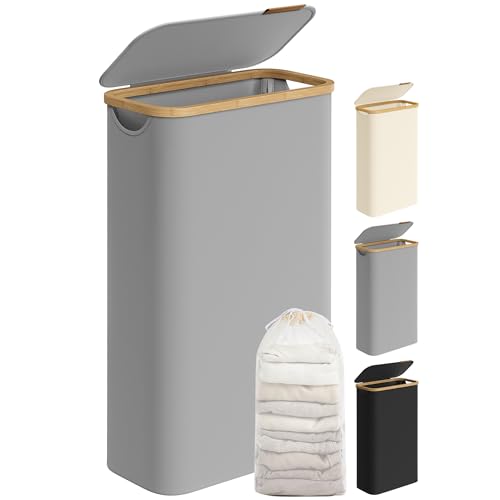 SONGMICS Cesto Portabiancheria con Coperchio, Cesta per Bucato, 65L, Salvaspazio, Sacco Rimovibile, Tessuto Oxford, Manici di bambù, Pieghevole, 42 x 22,5 x 70,5 cm, Grigio Tortora LCB506G01