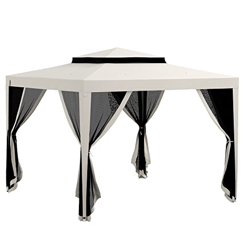 Outsunny Gazebo da Giardino 3x3 con Zanzariere Laterali, Doppio Tetto e 8 Fori di Drenaggio, Gazebo da Esterno in Metallo e Poliestere, per Giardino, Feste, Campeggio, Crema